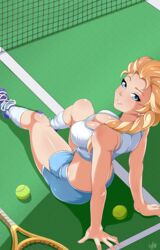 1girls artist_name ball blonde blonde_hair blue_eyes braid breasts cleavage clothing dated disney disney_princess elsa_(frozen) exlic fairy_tales female female_only frozen_(film) high_resolution hips legs long_hair looking_at_viewer medium_breasts princess racket shoes shorts signature single_braid socks solo sports sports_uniform sportswear stockings tennis tennis_ball tennis_court tennis_outfit tennis_racket thighs tied_hair uniform