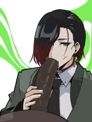 1boy 1female artist_logo clothed_female_nude_male clothing coombrain15 dark-skinned_male fellatio huge_cock persona shin_megami_tensei simple_background tagme
