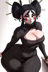 ai_generated big_ass big_ass_(female) black_dress black_eyes black_hair black_lipstick brawl_stars cleavage dongtan_dress dress facepaint front_view hair_bun kaze_(brawl_stars) lipstick looking_at_viewer makeup mole_on_breast mrnails skin_tight thick_thighs tight_clothing white_background wide_hips