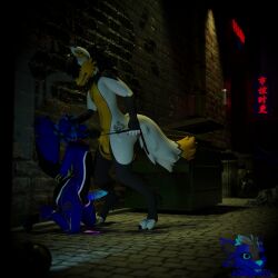 3d_(artwork) absurd_res alley arms_tied astrawolf bag black_penis blowjob_face blue_body blue_fur blue_penis bound canid canine collar digital_media_(artwork) duo fur genitals hands_behind_back hi_res leash leash_pull leashed_collar male male/male mammal oral orange_body orange_fur penis penis_in_mouth questionable_consent rexouium rogue_wilde roguewilde size_difference trash_bag trash_can white_body white_fur zephyr_(jackal)