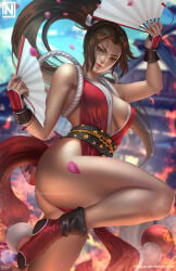 1girl arm_guards artist_name ass bare_legs bare_shoulders blurry_background breasts brown_eyes brown_hair cleavage clothing dual_wielding falling_petals fatal_fury female fire folding_fan hand_fan high_ponytail holding holding_fan japanese_clothes king_of_fighters large_breasts leg_up lips long_hair looking_at_viewer mai_shiranui ninja nopeys outdoors patreon_username pelvic_curtain petals ponytail revealing_clothes rope sky sleeveless smile socks solo street_fighter_6 tabi thighs web_address