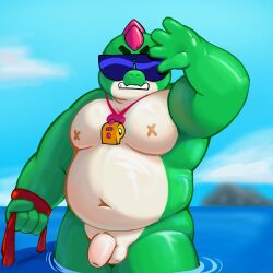 2024 angry anthro brawl_stars buzz_(brawl_stars) chubby_male furry furry_male in_water juli_thndr naked_male no_humans ocean sunglasses_only tagme