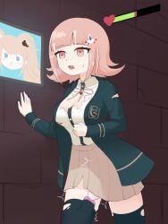 1girl absurdres bear_hair_ornament black_jacket black_shirt black_thighhighs blunt_bangs breasts brick_wall brown_hair brown_skirt collared_shirt cowboy_shot danganronpa danganronpa:_trigger_happy_havoc danganronpa_(series) danganronpa_2:_goodbye_despair dress_shirt enoshima_junko hair_ornament highres jacket junko_enoshima kahhyui long_sleeves medium_hair miniskirt mole mole_on_breast nanami_chiaki neck_ribbon open_clothes open_jacket open_mouth pink_eyes pink_ribbon pleated_skirt ribbon sex_toy shirt skirt sweat sweatdrop thighhighs torn_clothes twintails vibrator vibrator_in_thighhighs white_shirt zettai_ryouiki