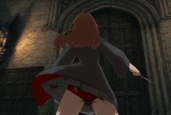 ass_focus behind_view brown_hair brunette deepstroke dungeon gray_clothing grey_clothing gryffindor gryffindor_tower harry_potter hermione_granger magic_wand panties petite red_clothing red_panties solo_focus upskirt white_body wind_lift wip
