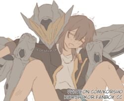 2girls armor artist_name black_armor black_jacket black_skirt blush carrying carrying_person closed_eyes commentary english_commentary feet_out_of_frame full_armor grabbing_another's_arm grey_armor hands_up helmet honkai:_star_rail honkai_(series) jacket korshokor lapels long_sleeves lowres mecha miniskirt multicolored_armor multiple_girls open_clothes open_jacket open_mouth power_armor robot sam_(honkai:_star_rail) sex shirt simple_background skirt spread_legs standing standing_sex stealth_sex stelle_(honkai:_star_rail) t-shirt thigh_strap trailblazer_(honkai:_star_rail) trembling upper_body white_background white_shirt yellow_armor