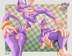 aipom anthro belly big_butt biped bodily_fluids breasts butt covering covering_crotch crouching ealkoo ear_piercing ear_ring female fur generation_2_pokemon genital_fluids genitals hairy_vulva hand_on_chin hand_on_knee hand_on_leg haplorhine hi_res jewelry looking_at_viewer looking_back lying mammal monkey multiple_images navel nintendo nipple_fetish nipple_piercing nipple_play nipples nude nude_anthro nude_female on_back piercing pokemon pokemon_(species) pokemorph presenting presenting_hindquarters presenting_vulva primate pubes purple_body purple_fur raised_tail rear_view ring_piercing shush simple_background small_breasts solo tail tail_hand thick_thighs tongue tongue_out unusual_anatomy unusual_tail vaginal_fluids vulva wide_hips