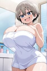 ai_generated anime bathroom female flesh_fang huge_breasts thick_thighs towel towel_only uzaki-chan_wa_asobitai! uzaki_hana