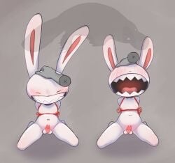 anthro balls bdsm belly blush bodily_fluids bondage bound colored eyes_closed first_person_view fur genital_fluids genitals hand_on_head hands_behind_back hi_res human humanoid_hands kneeling kneeling_oral_position lagomorph leporid long_ears male mammal max_(sam_and_max) moobs navel nipples open_mouth oral penis platypusbill precum rabbit sam_and_max sharp_teeth sitting sitting_on_ground slightly_chubby small_penis smile solo teeth tongue white_body white_fur