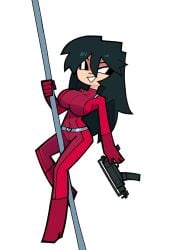 1girls black_hair bodysuit clothing clover_(totally_spies) clover_(totally_spies)_(cosplay) female female_only jpeg jumpsuit juna_guerrero long_hair pole_dancing red_bodysuit red_clothing solo submachine_gun totally_spies