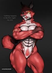 abs angry anthro biceps big_breasts big_woman breasts canid canine crossed_arms eye_patch eyewear fangs female female/female five_nights_at_freddy's fox foxy_(fnaf) fur genitals glistening glistening_body glistening_genitalia hi_res hook hook_hand intense_lighting intense_stare kindredeer larger_female licking licking_lips looking_at_viewer mammal muscular muscular_female muscular_thighs pubes scottgames size_difference solo tail teeth thick_thighs tongue tongue_out