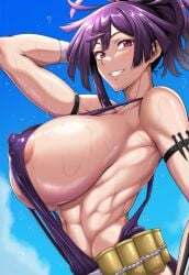 abs ai_generated blue_sky breast_focus erect_nipples from_side huge_breasts jigokuraku looking_at_viewer outdoors ponytail purple_hair shiny_skin shoulders sideboob sweatdrop sweaty toned_female yuzuriha_(jigokuraku)