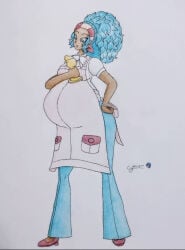 black_skin black_skinned_female cyberiorr drawing female female_only green_hair green_hair_female gym_leader lenora_(pokemon) pokemon pokemon_bw pregnant pregnant_belly pregnant_female