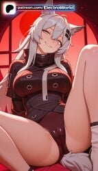 1girl 1girls 2026 ai_generated animal_ears arknights artist_name electroworld flag_background full_moon hi_res high_quality high_resolution highres jacket lappland_(arknights) legs_apart legs_spread looking_at_viewer moon night night_sky open_legs patreon patreon_username red_moon red_sky scar scar_on_face sky smile solo splayed_legs spread_legs stable_diffusion star_(sky) starry_sky tail torii watermark