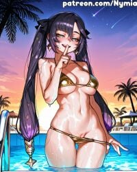 1girl ai_generated bangs bare_shoulders bikini black_hair blush breasts clothes_pull earrings finger_to_mouth genshin_impact gold_bikini green_eyes hair_ribbon half-closed_eyes index_finger_raised jewelry long_hair looking_at_viewer medium_breasts mona_(genshin_impact) naughty_face navel open_mouth outdoors palm_tree pool pool_ladder pulled_by_self purple_hair ribbon seductive_smile shiny shushing sky smile solo star_(sky) stomach sunset swimsuit tree twintails wading water wet