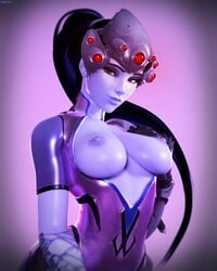 1girls 3d absurdres areolae bodysuit bodysuit_aside breasts breasts_out erect_nipples female female_only haysins highres large_breasts looking_at_viewer nipples no_bra overwatch solo widowmaker