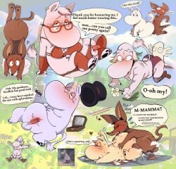absurd_res anthro balls bedroom_eyes bodily_fluids cigar clothed clothing crossdressing cum cum_inside english_text erection eyewear female flower genital_fluids genitals ghost glasses group hat headgear headwear hemulen hi_res kangaroo macropod male male/female male/male mammal marsupial moomin moominmamma moominpappa moomintroll narrowed_eyes paws penis plant salamikii seductive smoking smoking_cigar sniff_(moomin) speech_bubble spirit substance_intoxication text the_moomins top_hat wearing_glasses