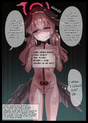 1girl ahegao blue_archive blush branding comic crying defeat defeat_sex defeated defeated_female defeated_hero english english_commentary english_dialogue english_language english_subtitles english_text english_translation heart humiliation iron juice koharu_(blue_archive) miwerjooggetser nude pain pleasure pussy restrained speech_bubble squirt tears torture