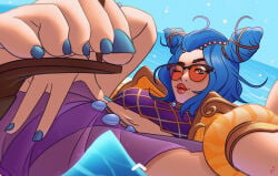 beach blue_hair blue_nails feet feet_fetish feet_focus foot_fetish horny_female league_of_legends league_of_legends:_wild_rift mohoshadream nail_polish nails_painted ocean_song_zeri open_toe_shoes riot_games seductive_pose snapchat snapchat_sexting spread_legs sunglasses teasing_viewer tinted_eyewear toe_scrunch zeri_(league_of_legends)