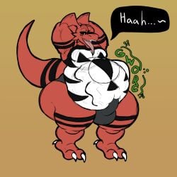 1:1 ambiguous_gender ambiguous_prey anthro anthro_pred arm_markings balls_outline bandai_namco belly belly_markings big_belly big_butt black_sclera bulge butt claws clothed clothing detailed_bulge digimon digimon_(species) digital_drawing_(artwork) digital_media_(artwork) erection facial_markings genital_outline guilmon hands_behind_back head_markings hi_res huge_belly kanida kanida_(kanida) leg_markings looking_at_belly looking_at_own_belly looking_down male male_anthro male_pred markings multicolored_body open_mouth oral_vore penis_outline rumbling_stomach scalie sharp_teeth shortstack simple_background solo speech_bubble squirming struggling struggling_prey tail tail_markings teeth tenting text thick_thighs thong thong_only toe_claws tongue tongue_out topless topless_anthro topless_male underwear underwear_only vore white_eyes