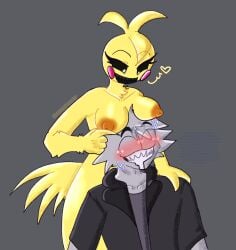 anthro blush chicken chicken_girl chicken_humanoid deimos deimos_(madness_combat) five_nights_at_freddy's five_nights_at_freddy's_2 furry happy madness_combat pink_cheeks smiling smiling_at_partner spanish_dialogue spanish_text straight sunnypawsy toy_chica_(fnaf) yellow yellow_body yellow_fur