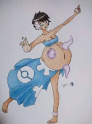belly big_belly big_breasts black_hair breasts cyberiorr dark-skinned_female dark_skin drawing elite_four female flower flower_in_hair hand_on_belly human looking_at_viewer phoebe_(pokemon) pokemon pokemon_rse pregnant pregnant_belly pregnant_female pregnant_focus purple_eyes purple_eyes_female