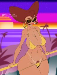 absurd_res aviators balcony beach bikini breasts cigarette clothing curvy_figure disney eyewear fanart_friday female gold_bikini golden_week goof_troop hi_res lipstick makeup mature_female nsfw peg_pete pin-up_poster pinup pose smoking smoking_cigarette sunglasses suntan swimwear synthwave tan_line two-piece_swimsuit
