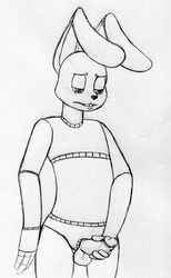 2016 animatronic anthro black_and_white blush buckteeth erection five_nights_at_freddy's half-closed_eyes holding_penis inkyfrog lagomorph machine male male_only mammal monochrome penis rabbit robot simple_background solo springtrap springtrap_(fnaf) standing teeth testicles traditional_media_(artwork) video_games white_background