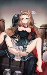 1boy 1girl absurdres after_vaginal archery_shooting_glove archetto_(arknights) arknights barefoot barrel beer_mug black_coat black_gloves black_skirt blue_eyes blush breasts brown_hair cape coat commentary_request cum cum_in_container cum_in_cup cup doctor_(arknights) epaulettes frilled_skirt frills glass_mug gloves hetero heterochromia highres hood hood_up hooded_coat hooded_jacket jacket large_variant_set long_hair male_doctor_(arknights) medium_breasts mizuhashi_parusui mug partially_fingerless_gloves red_cape red_eyes shoes single_epaulette sitting sitting_on_lap sitting_on_person skirt spoken_squiggle squiggle unworn_shoes variant_set