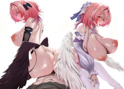 1boy 2girls abs akikoado1603 ass black_bow black_shirt black_wings blush bouncing_breasts bow breasts buttjob commentary cooperative_buttjob detached_sleeves dual_persona english_commentary erection ffm_threesome group_sex hair_bow hair_intakes heavy_breathing hetero highres huge_breasts indoors large_areolae lying medium_hair multiple_girls nipples official_alternate_costume on_back open_mouth penis purple_eyes remielle_dan remielle_dan_(moonlight_whispers) shirt simple_background sweat teamwork_(sexual) threesome uncensored white_background white_wings wings wise_(zenless_zone_zero) zenless_zone_zero
