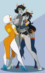 3girls alternate_costume black_hair black_lips black_lipstick blindfold blue_eyes blue_lips blush blushing bottomless breast_grab breasts canon_couple clothing female_handjob female_only fingering green_eyes green_nipples grope groping groping_from_behind high_heels homestuck horns kanaya_maryam lesbian married_couple mindwipe ms_paint_adventures multiple_girls planetofjunk rose_lalonde smile smiling smut-tier spider_web_stockings thighhighs troll vriska_serket white_hair wife_and_wife