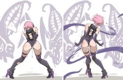 1girl 2others after_rape after_vaginal ass bare_shoulders black_thighhighs cum cumdrip detached_sleeves fate/grand_order fate_(series) high_heels highres injury lahmu_(fate) mash_kyrielight multiple_others pink_hair puge short_hair tentacles thighhighs torn_clothes torn_thighhighs