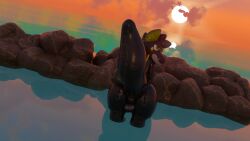 3d_(artwork) absurd_res animate_inanimate anthro anus balls beach big_butt black_balls black_body black_fur black_genitals blender_(artwork) blender_cycles_(artwork) butt canid canine canis cloud digital_media_(artwork) fur genitals glistening grin half-closed_eyes hand_on_butt hi_res inflatable lens_flare living_inflatable looking_at_viewer looking_back male mammal markings narrowed_eyes nude outside partially_submerged pool_toy presenting presenting_hindquarters raised_tail reflection rock sea sky smile smiling_at_viewer softdiamond softdiamond_(artist) solo standing sun sunset tail teeth thick_thighs water wet wide_hips yellow_eyes yellow_markings