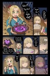 1futa 1girls 2d_(artwork) aphrodisiac blonde_hair closed_eyes comic_page delicious_in_dungeon dungeon_meshi eating_food elf_ears elf_female falin_touden green_eyes happy_female human_female love_potion marcille_donato pink_eyes rajahdark soup