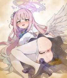 1girl :d ^^^ aku0 anus ass ass_focus bar_censor black_shoes blue_archive blue_bow blue_bowtie blue_hair blue_halo blush blush_visible_through_hair bow bowtie breasts buttons censored closed_mouth clothes_pull collared_dress commentary crying crying_with_eyes_open dark_anus dilated_pupils dress embarrassed feathered_wings flower foot_out_of_frame footwear_bow foreshortening gas gold_buttons gradient_hair grimace hair_behind_ear hair_bun hair_flower hair_ornament hair_spread_out halo high_heels highres knees_together_feet_apart long_hair lying mika_(blue_archive) mosaic_censoring multicolored_hair no_panties nose_blush on_side open_mouth pantyhose pantyhose_pull perineum petite pink_hair pink_halo pleated_dress puckered_anus purple_bow purple_flower pussy relief_(expression) scat shadow shoes short_dress short_sleeves side_ahoge sidelocks simple_background single_side_bun small_breasts smile solo steaming_body surprised sweat tareme tears tongue two-sided_dress two-sided_fabric two-tone_hair very_long_hair wavy_hair white_background white_dress white_pantyhose white_wings wings yellow_eyes