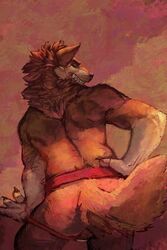 anthro ass canine clothing eyrich fur hair jockstrap looking_back male male_only mammal sketch solo teeth testicles underwear