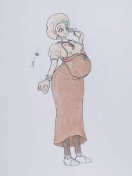 busty busty_female cyberiorr drawing green_hair green_hair_female gym_leader katy_(pokemon) pokemon pokemon_sv pregnancy pregnancy_cravings pregnant pregnant_belly pregnant_female