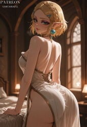 1girls ai_generated artist_name ass back backless_dress backless_outfit bangs bare_arms bare_back bare_shoulders bed bedroom blonde_hair blurry_background blush braid breasts closed_mouth clothing copyright_name cross-laced_clothes crown_braid depth_of_field dress earrings elf eyeshadow female female_only from_behind green_eyes hair_ornament hairclip hylian indoors jewelry lamp large_breasts light_particles looking_at_viewer looking_back makeup median_furrow medium_breasts on_bed parted_bangs patreon_username pointy_ears princess princess_zelda purple_eyeshadow royal see-through see-through_dress short_hair shoulder_blades side_slit sideboob smile solo strapless strapless_dress sweat tears_of_the_kingdom the_legend_of_zelda the_legend_of_zelda:_breath_of_the_wild the_legend_of_zelda:_tears_of_the_kingdom thighs vantawaifu white_dress window zelda_(breath_of_the_wild) zelda_(tears_of_the_kingdom)