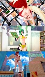 2girls 3d abs angel angel_wings au_ra au_raimdelle bikini black_scales body_growth body_growth_(enlargement) breasts destruction english_text female female_focus final_fantasy final_fantasy_xiv giantess green_hair growth halo horns koikatsu muscular muscular_female oc original original_character red_hair seraphine_helvenne swimsuit text xavierhuge