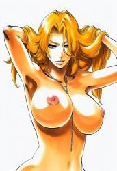 1girls accurate_art_style accurate_body_type adjusting_hair ai_generated areolae armpits arms_behind_head arms_up bare_arms bare_breasts bare_midriff bare_shoulders belly belly_button between_breasts big_breasts bleach blonde_hair blue_eyes bottomless breast_focus breasts breasts_bigger_than_head busty cel_shading chain chain_necklace chains clavicle cleavage collarbone completely_nude completely_nude_female curvaceous curvy digital_media facing_viewer female female_focus female_only front_view full_color grin hair_between_eyes hair_lift hair_over_shoulder hair_up hands_in_hair highres huge_breasts jewelry large_breasts line_art lips long_hair looking_at_viewer manga_style matsumoto_rangiku mature_female midriff mole mole_under_mouth naked naked_female naughty_face navel necklace nipples nude nude_female oppai orange_hair out-of-frame_censoring parted_lips pink_nipples raised_arms round_breasts seductive seductive_pose shinigami shiny_hair shiny_skin simple_background slim_waist smile solo solo_female solo_focus standing tite_kubo_style topless upper_body voluptuous voluptuous_female waifu warm_colors warm_lighting wavy_hair white_background