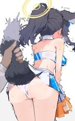 1boy 1girls ass blue_archive blush dog_girl from_behind halo hibiki_(blue_archive) hibiki_(cheer_squad)_(blue_archive) hibiki_(cheerleader)_(blue_archive) medium_breasts pussy_juice pussy_juice_drip solo_focus sweat tagme tail_grab white_panties