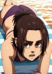 ai_generated ass attack_on_titan beach bikini brown_eyes brown_hair gabi_braun looking_at_viewer lying_on_stomach miaau petite purple_bikini shingeki_no_kyojin small_breasts sunlight young younger_female