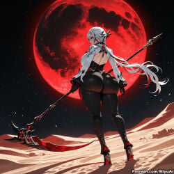1girl 1girls ai_assisted ai_generated arlecchino_(genshin_impact) ass ass_focus big_ass big_breasts black_gloves black_legwear bodysuit boots breasts curvaceous curvy curvy_female curvy_figure female female_only full_body full_moon genshin_impact gloves high_heel_boots high_heels holding huge_ass huge_breasts large_breasts light-skinned_female long_hair looking_back milf miyuai moon night night_sky red_eyes red_moon sky solo star_(sky) starry_sky thick thick_ass thick_butt thick_hips thick_legs thick_thighs thigh_boots thighhighs voluptuous voluptuous_female weapon white_hair wide_hips wide_thighs