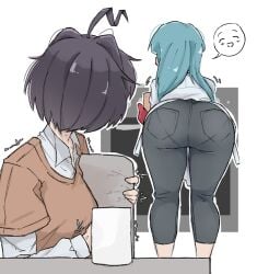 2girls ahoge ass bad_id bad_twitter_id baking bending_over bent_over black_hair blue_hair breasts denim drooling female_pervert gripping highres hiiragi_utena jeans kitchen leaning_forward long_hair long_sleeves looking_at_another looking_at_ass mahou_shoujo_ni_akogarete medium_breasts minakami_sayo multiple_girls oblivious pants pantylines pervert short_hair simple_background staring staring_at_another staring_at_ass unaware yuri zlix0n