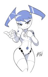 artist_request black_eyes blue_hair covering flat flat_chest inviting_to_sex jenny_wakeman my_life_as_a_teenage_robot nude robot signature simple_background upper_body white_background white_skin xj-9