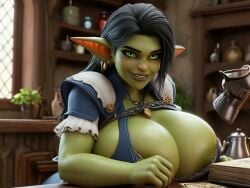 1female 1girls 3d 3d_animation ai_generated animated apron big_ass big_breasts bikini bikini_top bimbo black_hair cute_face cute_female fantasy female female_only forest goblin goblin_female green_eyes green_skin green_skinned_female heat makeup nightmarhunter poster poster_(object) ravenomega sexy_body sexy_woman solo solo_female sound sweating_body tagme video voluptuous_body
