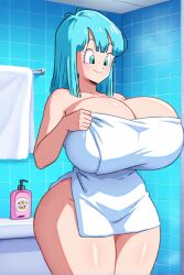 ai_generated anime bathroom dragon_ball_z female huge_breasts maron thick_thighs towel towel_only