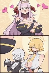 3girls :d animated bare_shoulders black_bridal_gauntlets black_dress black_jacket blinking blonde_hair breasts bridal_gauntlets cleavage cleavage_cutout clothing_cutout colored_skin demon_girl demon_horns detached_collar dice_coffeedox dress fur_collar gold_tiara gold_trim hair_over_one_eye halo hand_on_own_chest heart highres horns huge_breasts jacket kanan-sama_wa_akumade_choroi large_breasts lillum_(kanan-sama) long_hair medium_hair messy_hair mole mole_on_breast multiple_girls necktie o_o open_clothes open_shirt original pink_eyes pointy_ears puckered_lips raised_eyebrows red_horns shirt sidelocks simple_background sleeveless sleeveless_shirt smile striped_clothes tagme tight_clothes tight_dress video white_hair white_skin yellow_background yellow_halo yellow_necktie