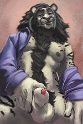 animal_genitalia anthro close-up clothed clothing eyrich feline fur hair hybrid looking_at_viewer male male_only mammal open_clothes open_shirt sheath shirt smile solo testicles tiger