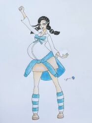 black_hair candice_(pokemon) cyberiorr drawing enjoying_pregnancy female female_only gym_leader holding_pregnant_belly hoodie_around_waist pokemon pokemon_dppt pregnant pregnant_belly pregnant_female yellow_eyes yellow_eyes_female