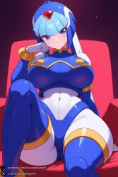 1female 1girl 1girls 2026 ai_generated android artist_name big_ass big_breasts blue_eyes blush bodysuit boots breasts chair closed_mouth covered_navel crop_top curvy fairy_leviathan gloves head_rest helmet hi_res high_quality high_resolution highres huge_ass huge_breasts large_breasts looking_at_viewer mega_man patreon patreon_username rockman_zero sitting solo thick_thighs thigh_boots thighhighs thighs unjobdespiert watermark